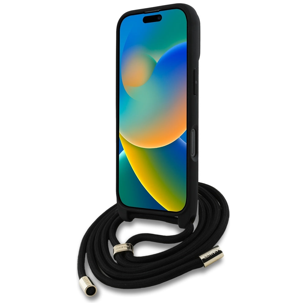 Husa pentru Apple iPhone 16 Pro, Guess, 4G CBDY Big Logo with Cord Strap, Neagra