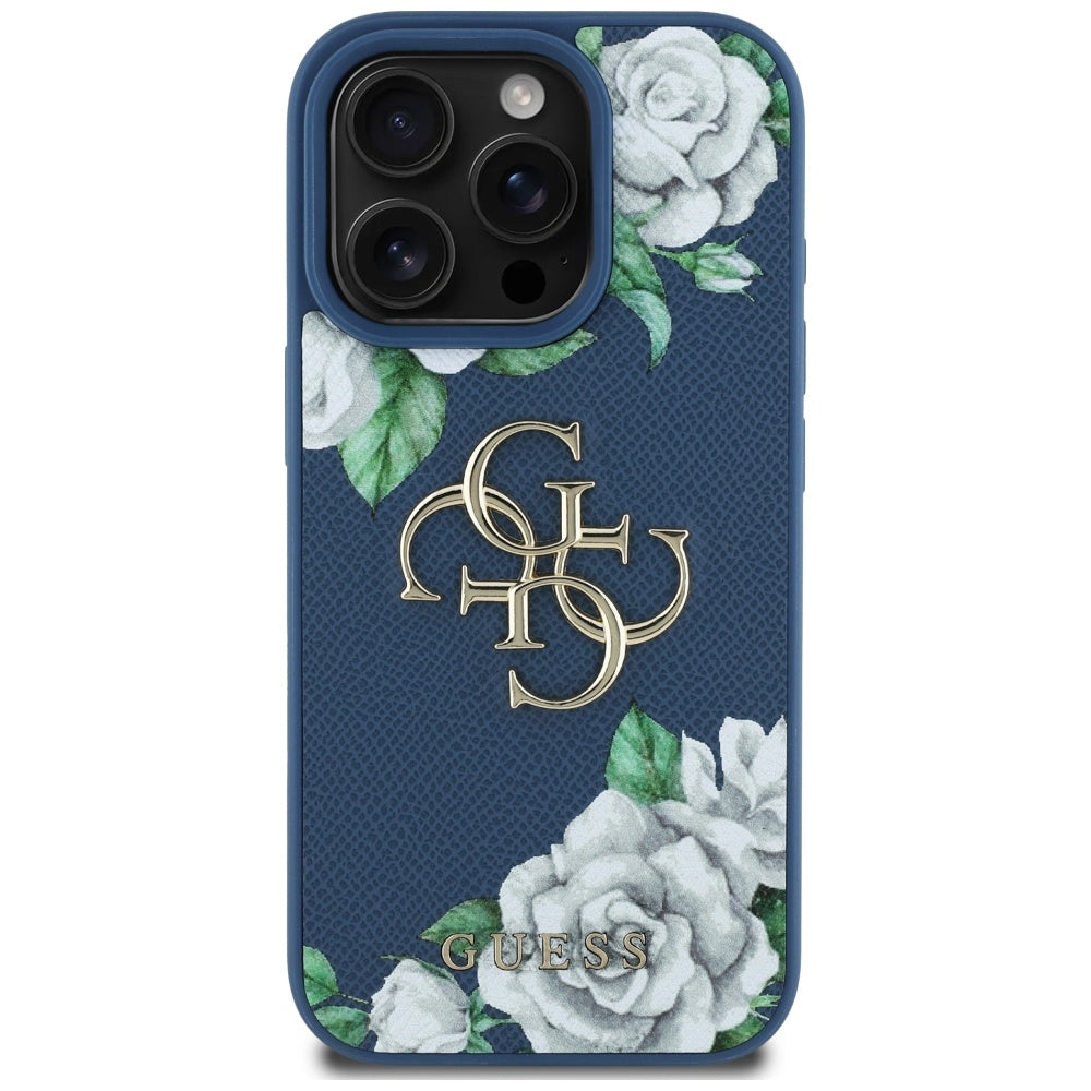 Husa pentru Apple iPhone 16 Pro, Guess, 4G Grained Roses Big Logo, Albastra