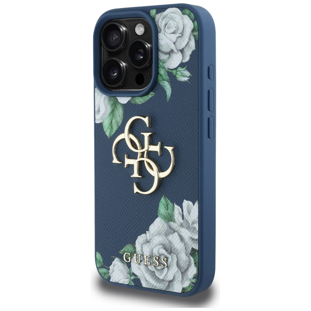 Husa pentru Apple iPhone 16 Pro, Guess, 4G Grained Roses Big Logo, Albastra