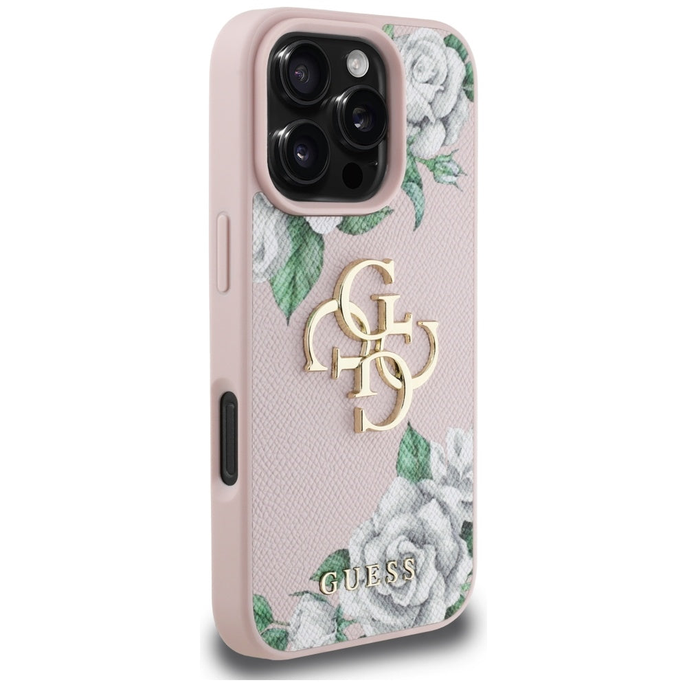 Husa pentru Apple iPhone 16 Pro, Guess, 4G Grained Roses Big Logo, Roz