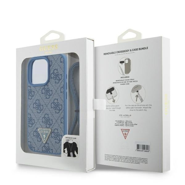 Husa pentru Apple iPhone 16 Pro, Guess, Crossbody 4G Triangle Strass, Albastra