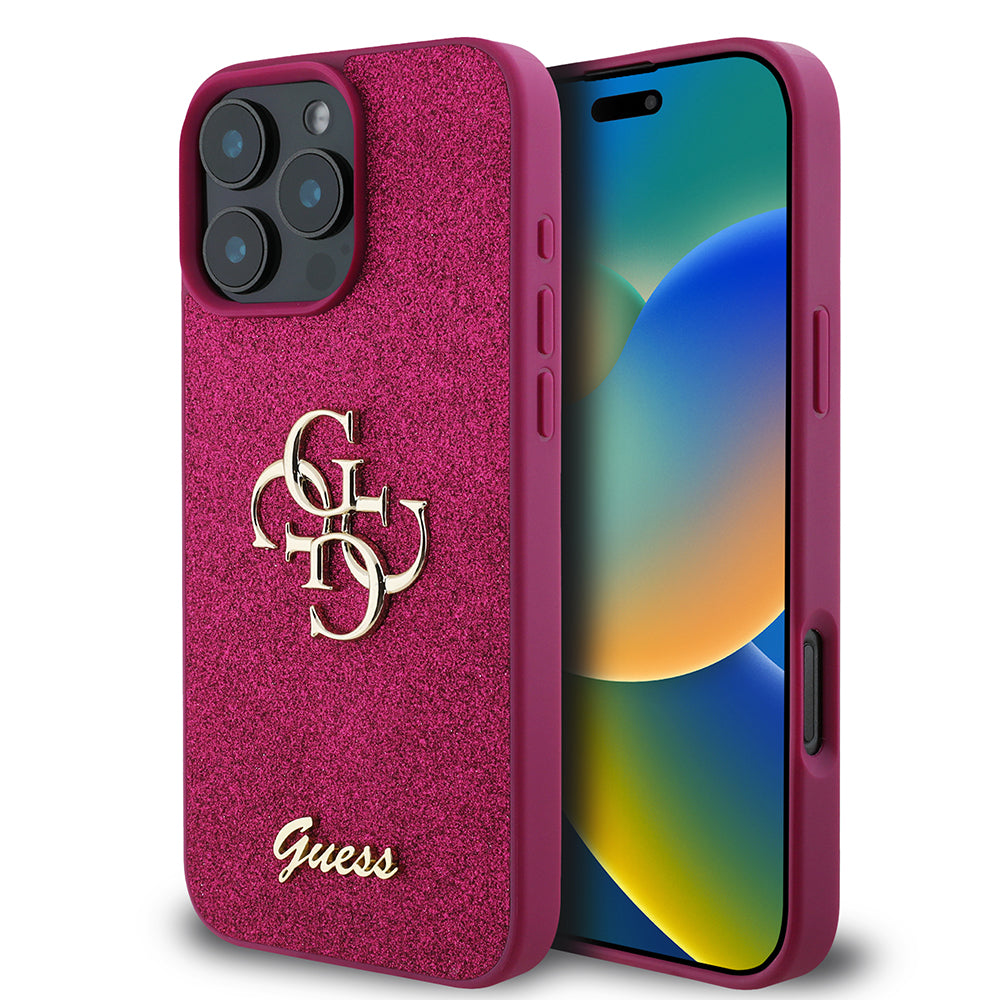 Husa pentru Apple iPhone 16 Pro, Guess, Glitter Big 4G Script, Magenta