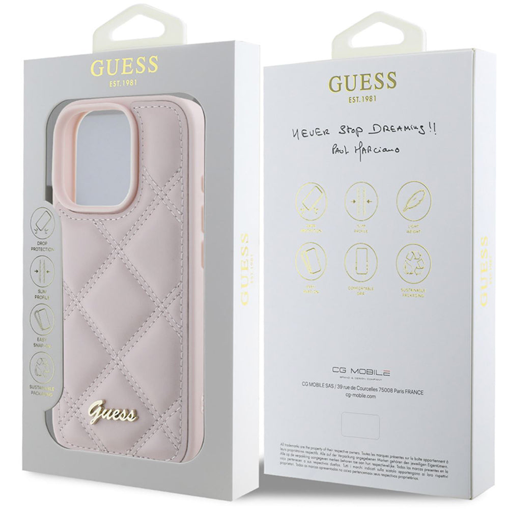 Husa pentru Apple iPhone 16 Pro, Guess, Quilted Metal Logo, Roz