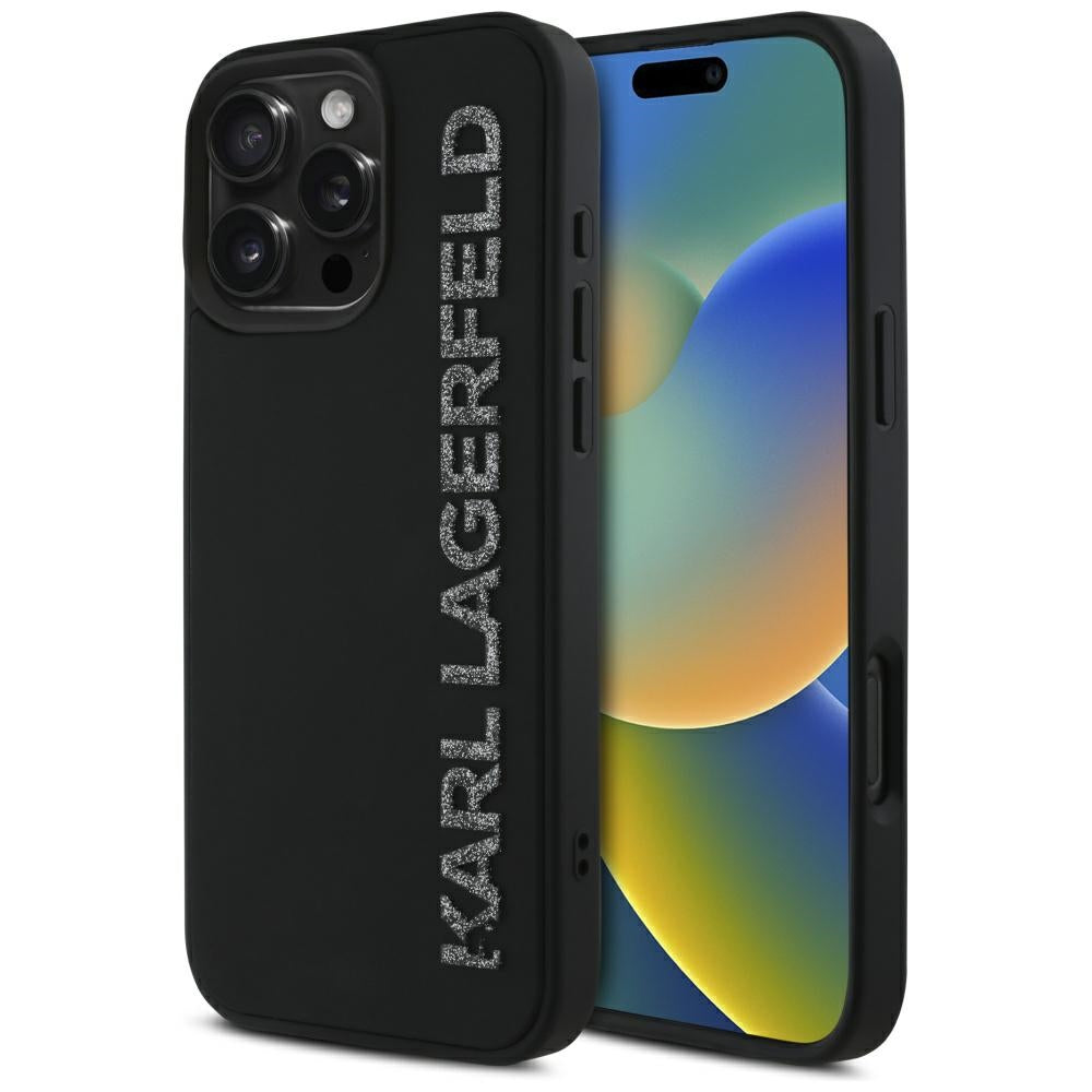 Husa pentru Apple iPhone 16 Pro, Karl Lagerfeld, 3D Rubber Elongated Gliiter Logo, Neagra