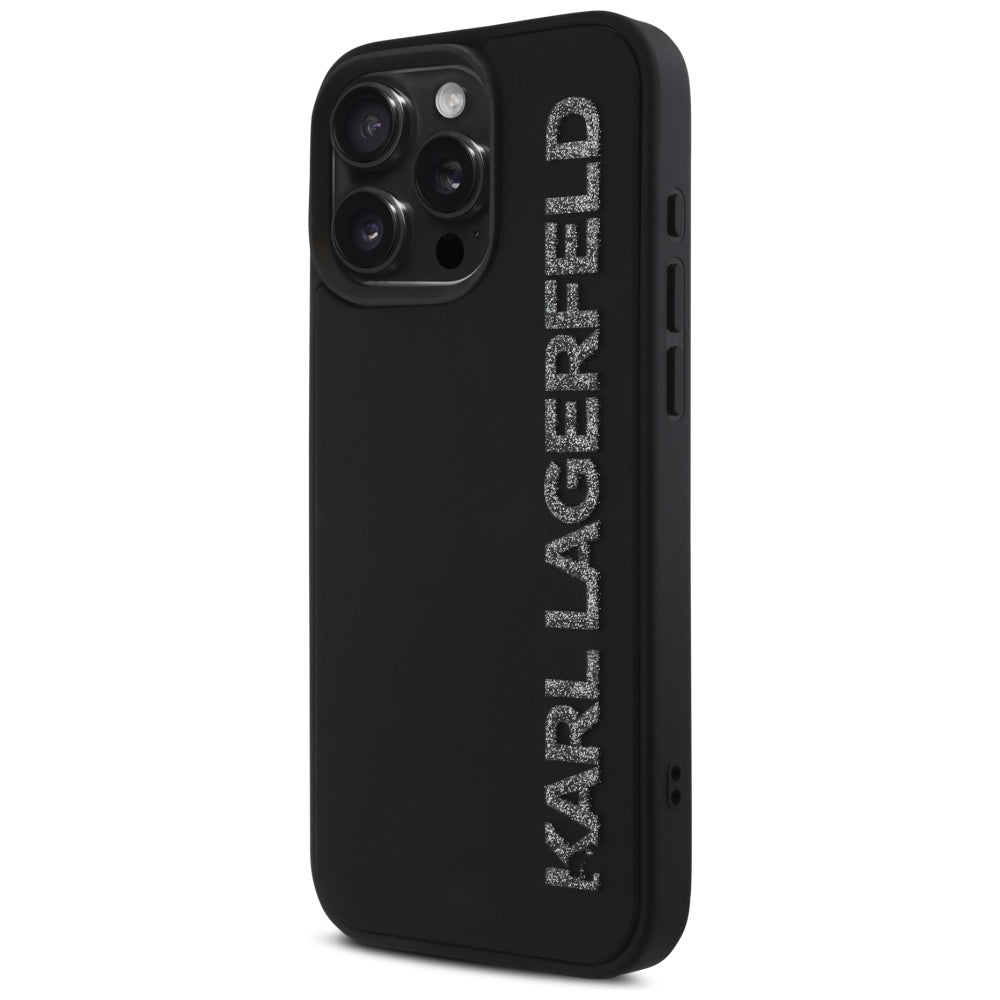 Husa pentru Apple iPhone 16 Pro, Karl Lagerfeld, 3D Rubber Elongated Gliiter Logo, Neagra