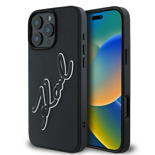 Husa pentru Apple iPhone 16 Pro, Karl Lagerfeld, 3D Rubber Signature, Neagra