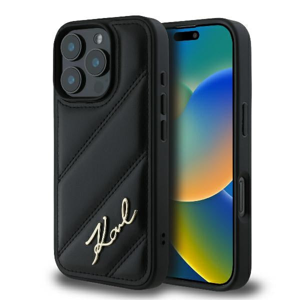 Husa pentru Apple iPhone 16 Pro, Karl Lagerfeld, Diagonal Quilted Script, Neagra