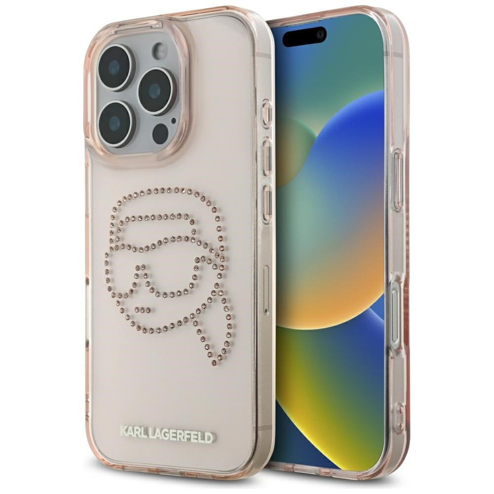Husa pentru Apple iPhone 16 Pro, Karl Lagerfeld, IML Rhinestones Karl's Head, Roz