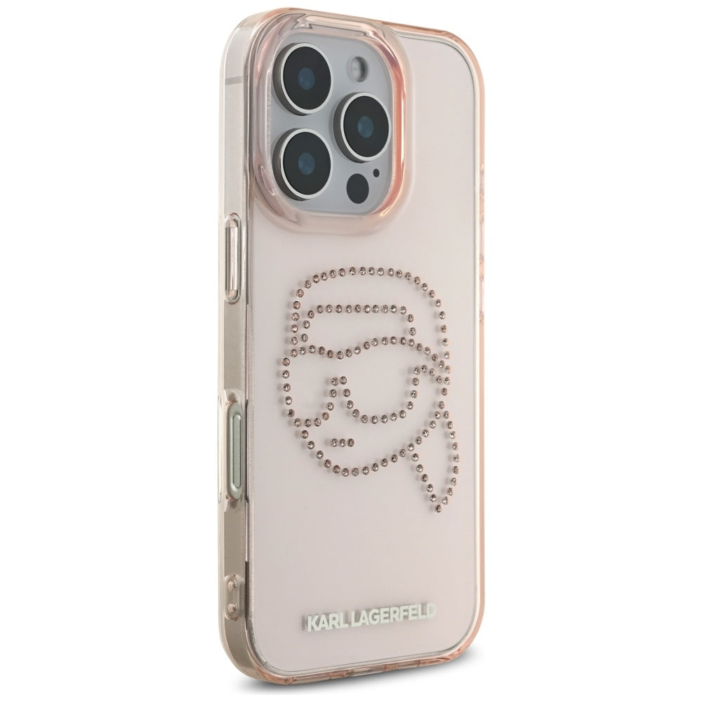 Husa pentru Apple iPhone 16 Pro, Karl Lagerfeld, IML Rhinestones Karl's Head, Roz