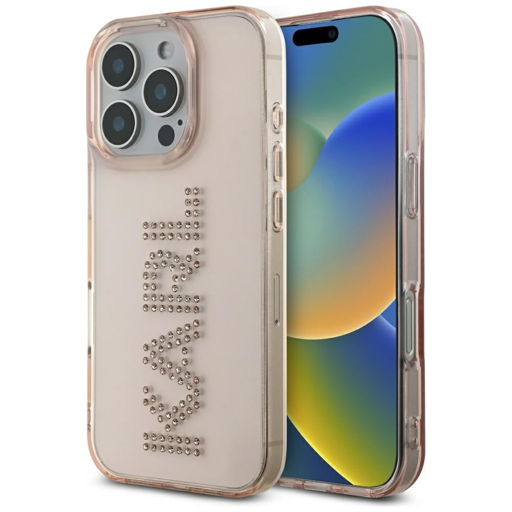 Husa pentru Apple iPhone 16 Pro, Karl Lagerfeld, IML Rhinestones Pink Logo, Roz