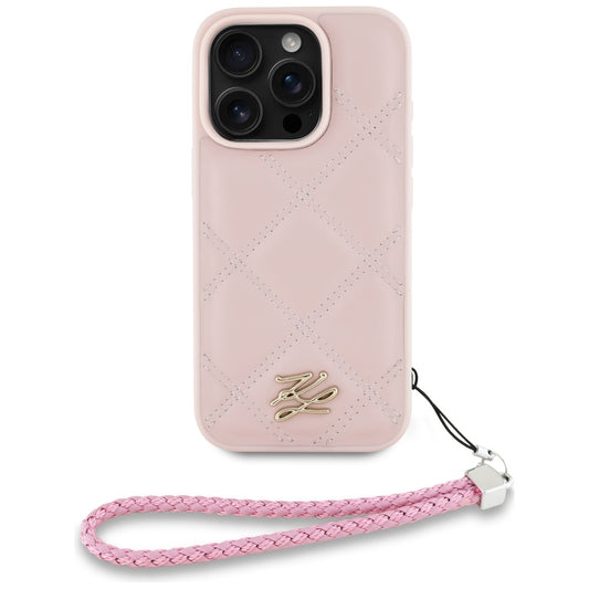 Husa pentru Apple iPhone 16 Pro, Karl Lagerfeld, Quilted Initial Logo & Chain Strap, Roz