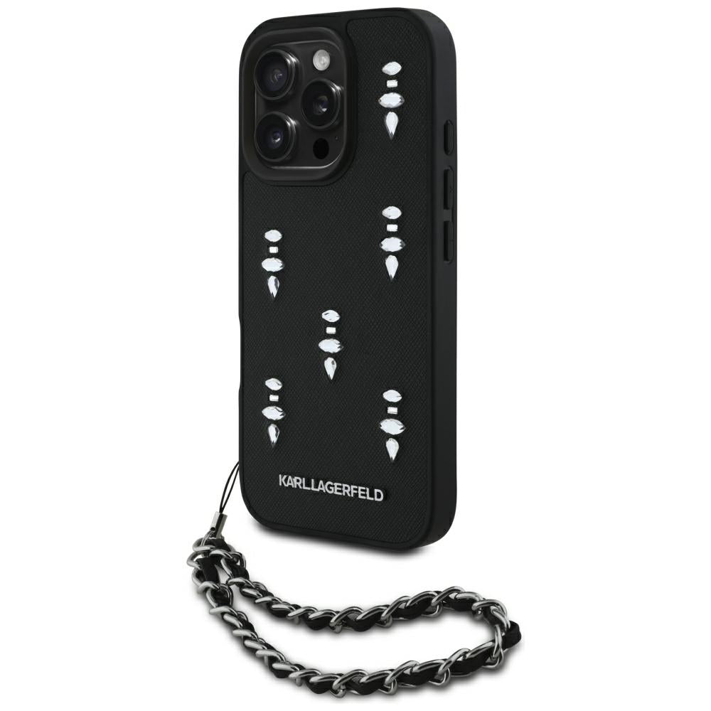 Husa pentru Apple iPhone 16 Pro, Karl Lagerfeld, Saffiano Crystals & Charm, Neagra
