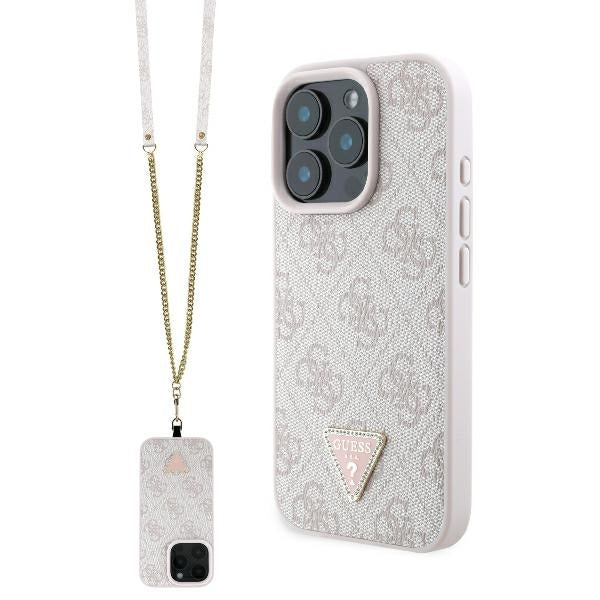 Husa pentru Apple iPhone 16 Pro Max, Guess, Crossbody 4G Triangle Strass, Roz