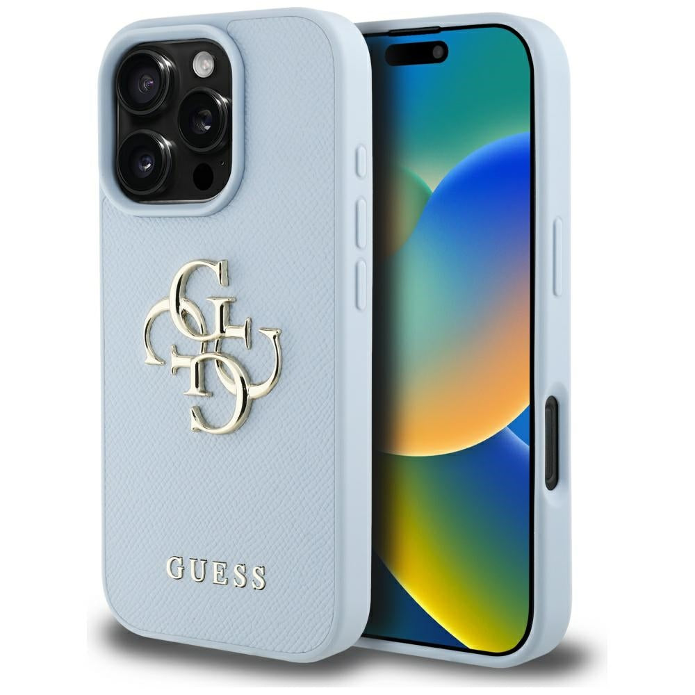 Husa pentru Apple iPhone 16 Pro Max, Guess, Grained Big 4G Logo Small Classic Logo, Albastra
