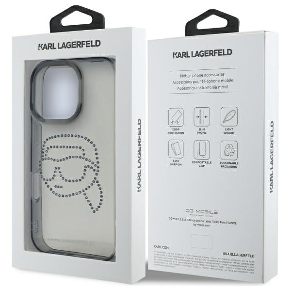 Husa pentru Apple iPhone 16 Pro Max, Karl Lagerfeld, IML Rhinestones Karl's Head, Neagra