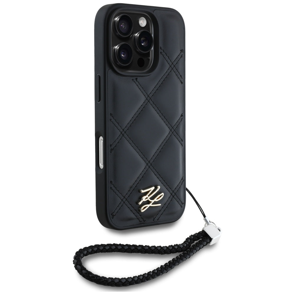 Husa pentru Apple iPhone 16 Pro Max, Karl Lagerfeld, Quilted Initial Logo & Chain Strap, Neagra