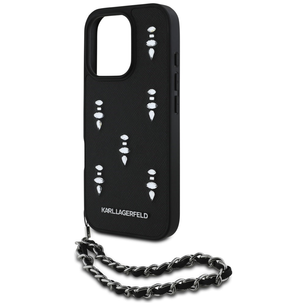 Husa pentru Apple iPhone 16 Pro Max, Karl Lagerfeld, Saffiano Crystals & Charm, Neagra