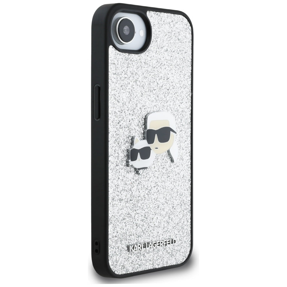 Husa pentru Apple iPhone 17e / 16e, Karl Lagerfeld, Glitter Fixed Karl & Choupette's Heads, Argintie