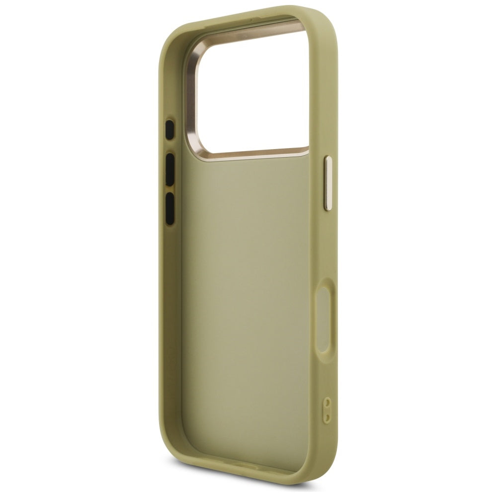 Husa pentru Apple iPhone 17 Pro, Guess, Fixed Glitter Big 4G Metal Frame, Aurie