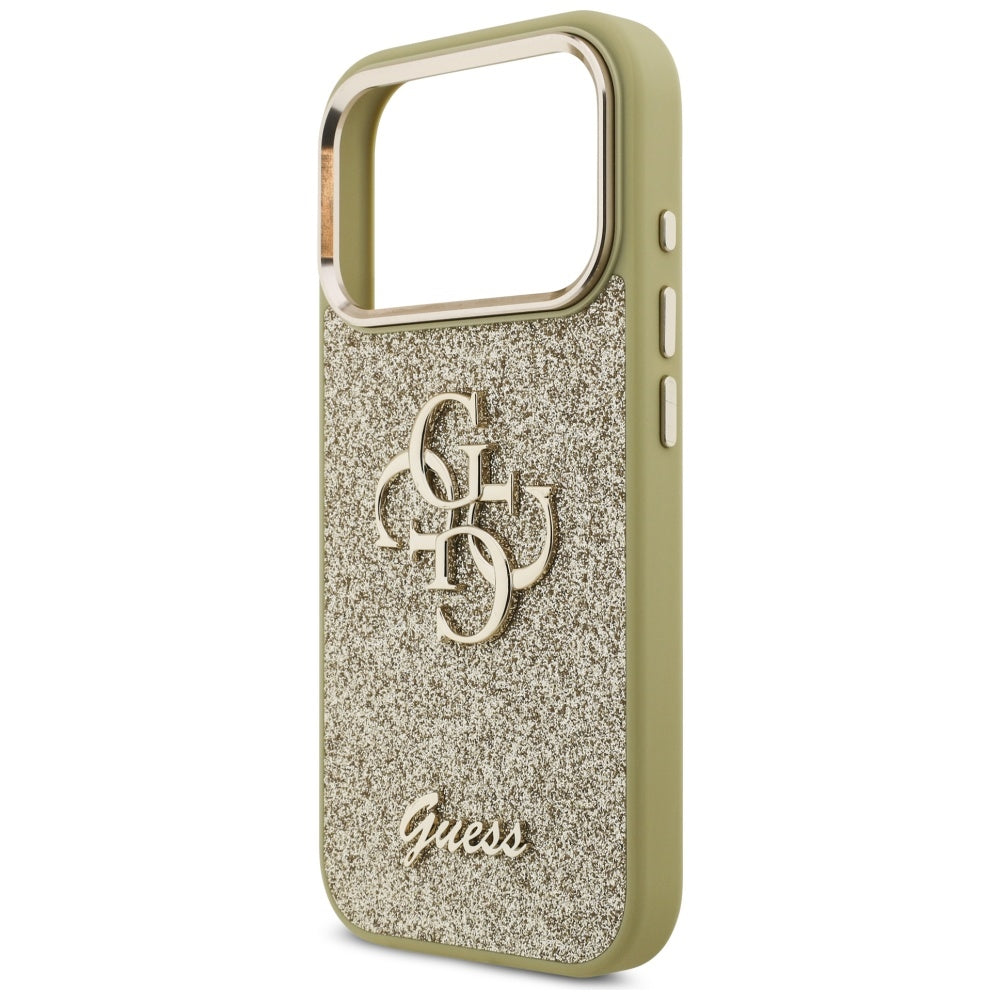 Husa pentru Apple iPhone 17 Pro, Guess, Fixed Glitter Big 4G Metal Frame, Aurie
