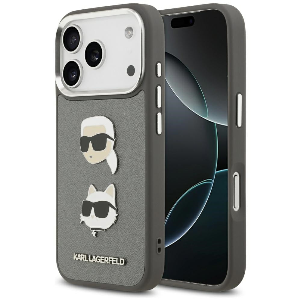 Husa pentru Apple iPhone 17 Pro, Karl Lagerfeld, Grained Karl & Choupette's Heads Pins and Logo, Gri
