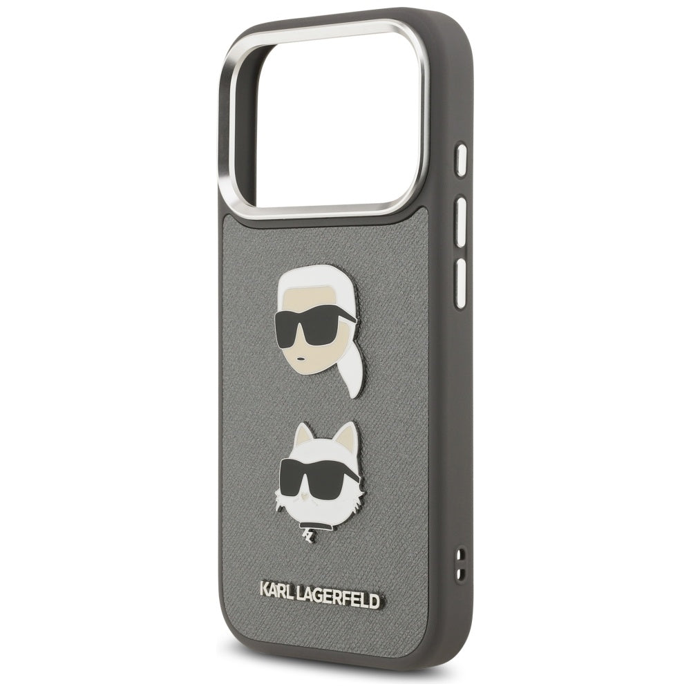 Husa pentru Apple iPhone 17 Pro, Karl Lagerfeld, Grained Karl & Choupette's Heads Pins and Logo, Gri