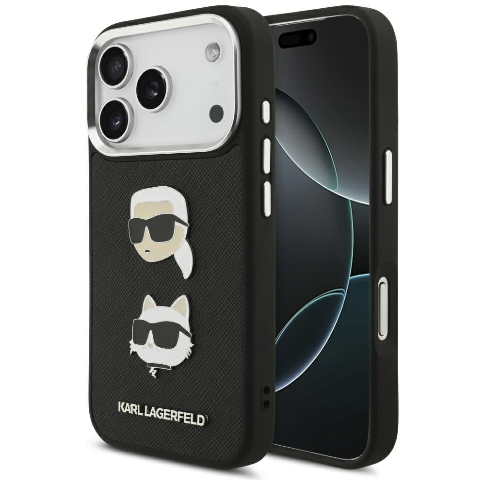 Husa pentru Apple iPhone 17 Pro, Karl Lagerfeld, Grained Karl & Choupette's Heads Pins and Logo, Neagra