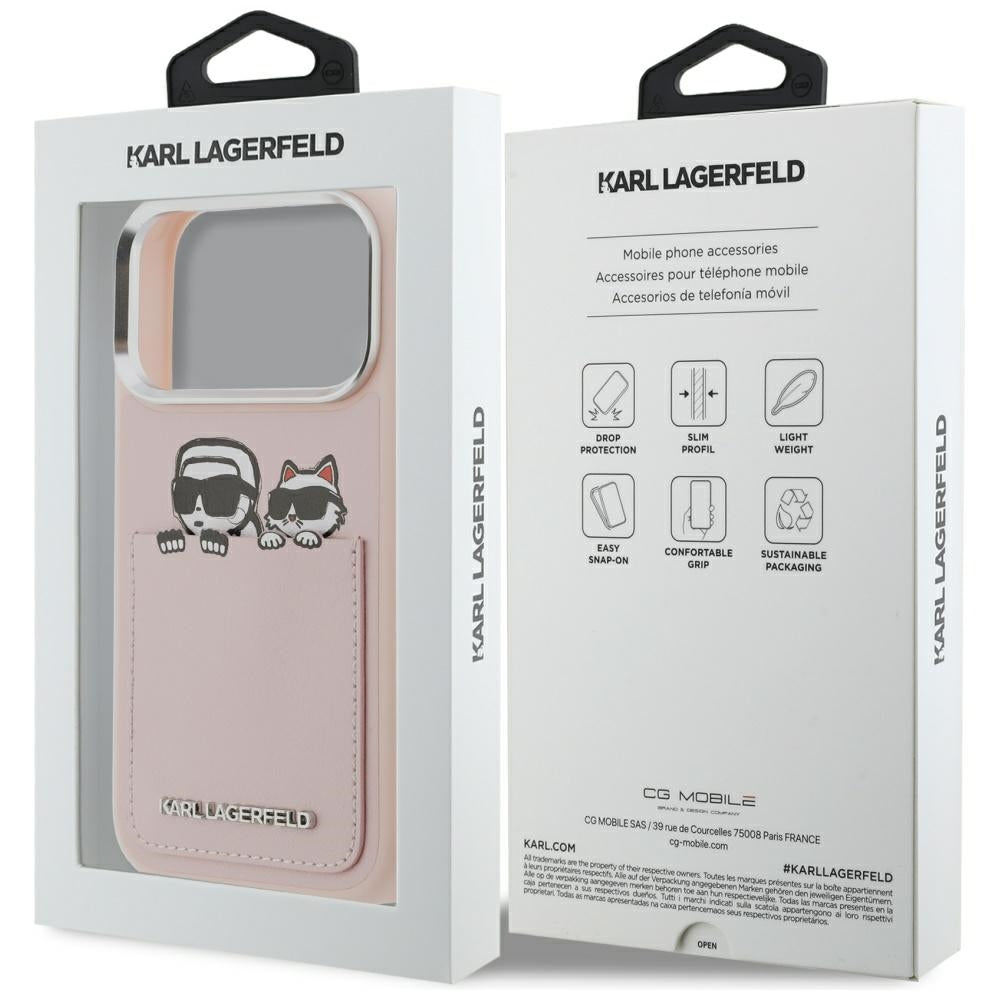 Husa pentru Apple iPhone 17 Pro, Karl Lagerfeld, Karl & Choupette Print with Pocket, Roz