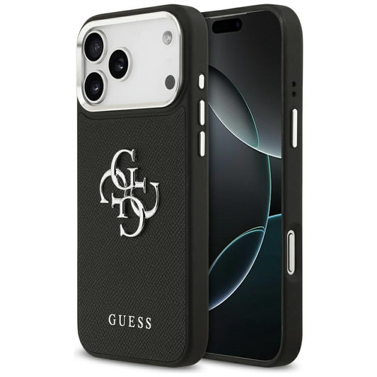 Husa pentru Apple iPhone 17 Pro Max, Guess, 4G Grained Big and Classic Logo, Neagra Argintie