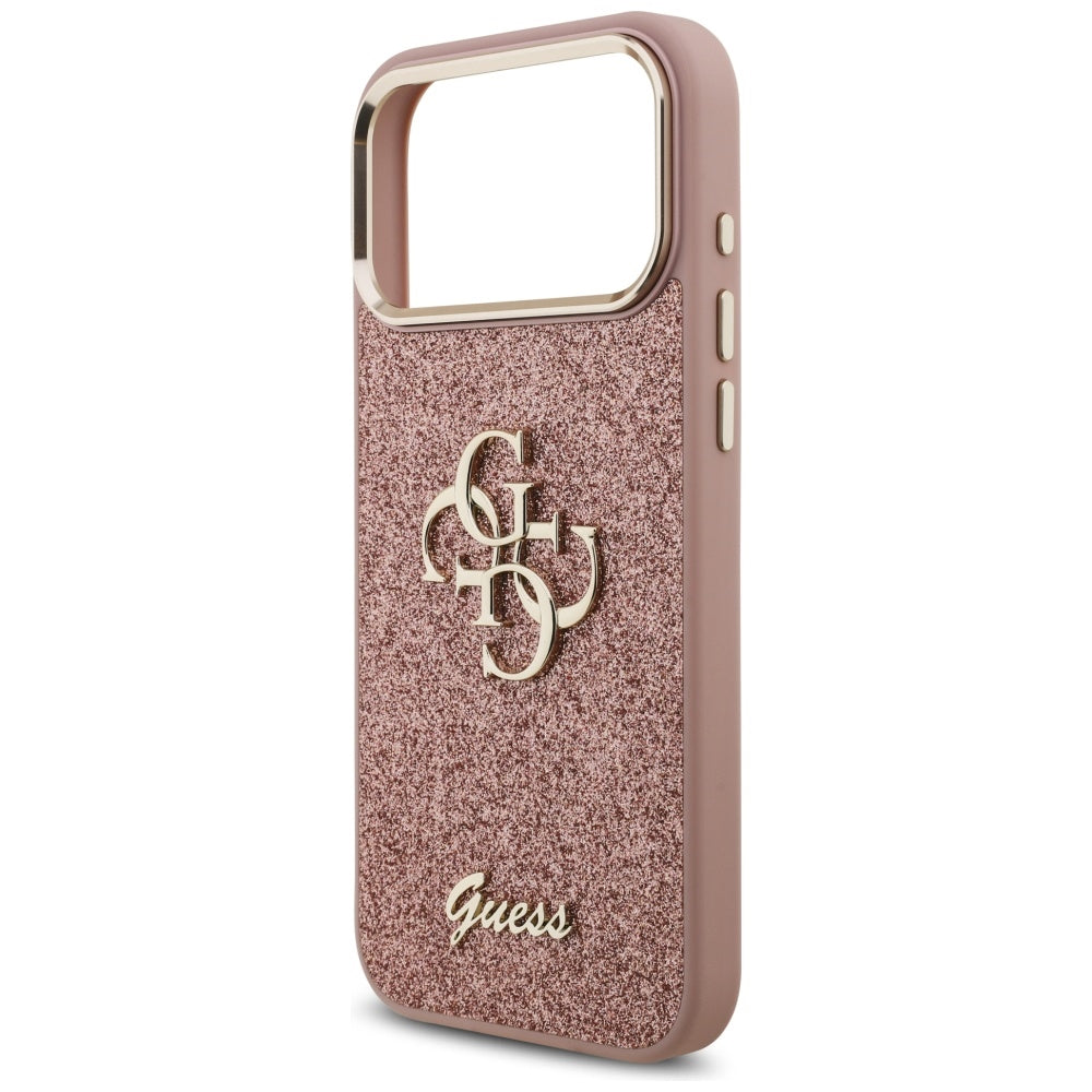 Husa pentru Apple iPhone 17 Pro Max, Guess, Fixed Glitter Big 4G Metal Frame, Roz