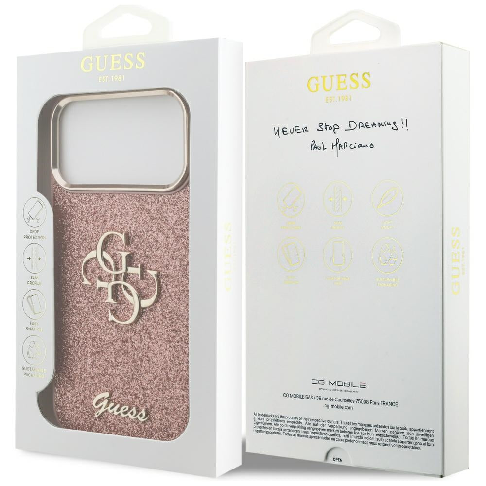 Husa pentru Apple iPhone 17 Pro Max, Guess, Fixed Glitter Big 4G Metal Frame, Roz