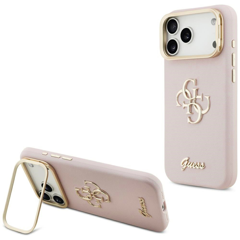 Husa pentru Apple iPhone 17 Pro Max, Guess, Grained Big 4G Stand Camera, Roz