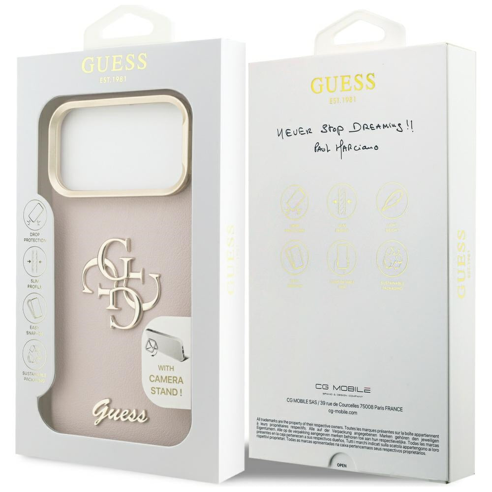 Husa pentru Apple iPhone 17 Pro Max, Guess, Grained Big 4G Stand Camera, Roz
