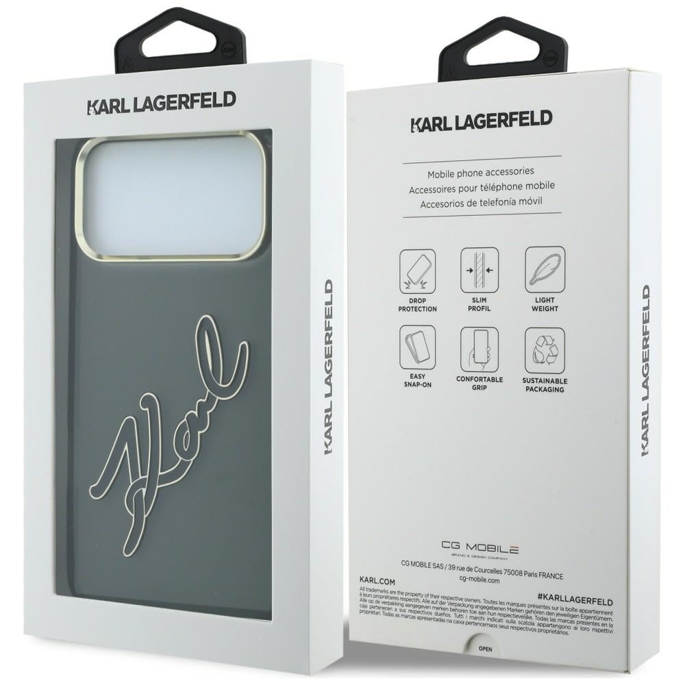 Husa pentru Apple iPhone 18 Pro / 17 Pro, Karl Lagerfeld, IML Big Signature Resin Logo and Metal Frame, Neagra