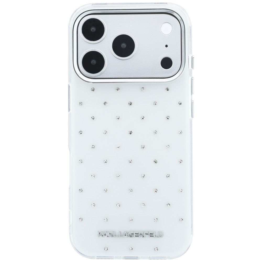 Husa pentru Apple iPhone 18 Pro / 17 Pro, Karl Lagerfeld, IML Rhinestones and Electroplated Logo, Alba