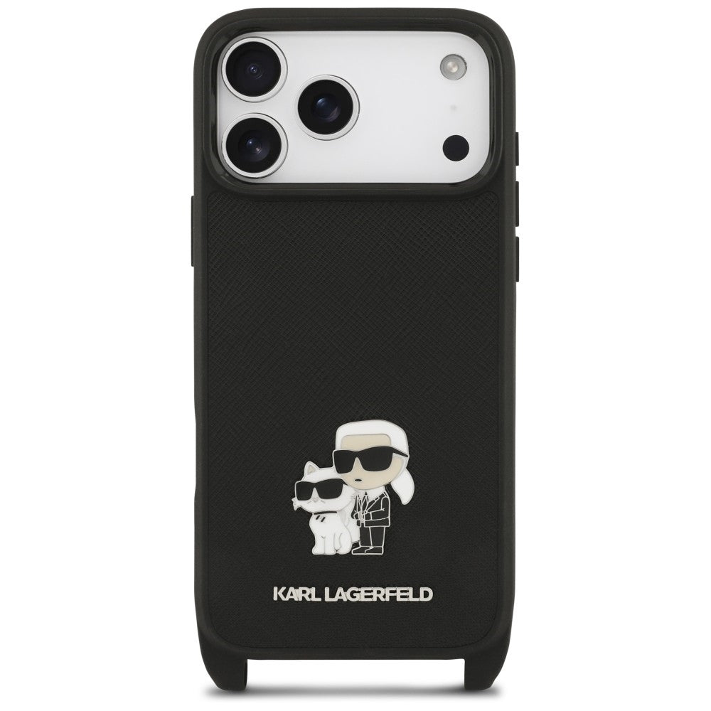 Husa pentru Apple iPhone 18 Pro / 17 Pro, Karl Lagerfeld, Saffiano Crossbody Metal Pin Karl & Choupette, Neagra