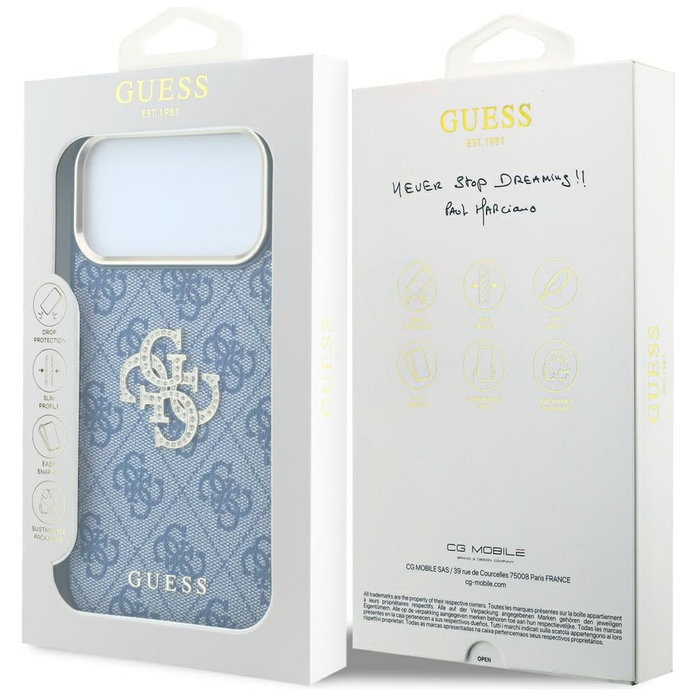 Husa pentru Apple iPhone 18 Pro Max / 17 Pro Max, Guess, 4G Big Strass Logo, Albastra