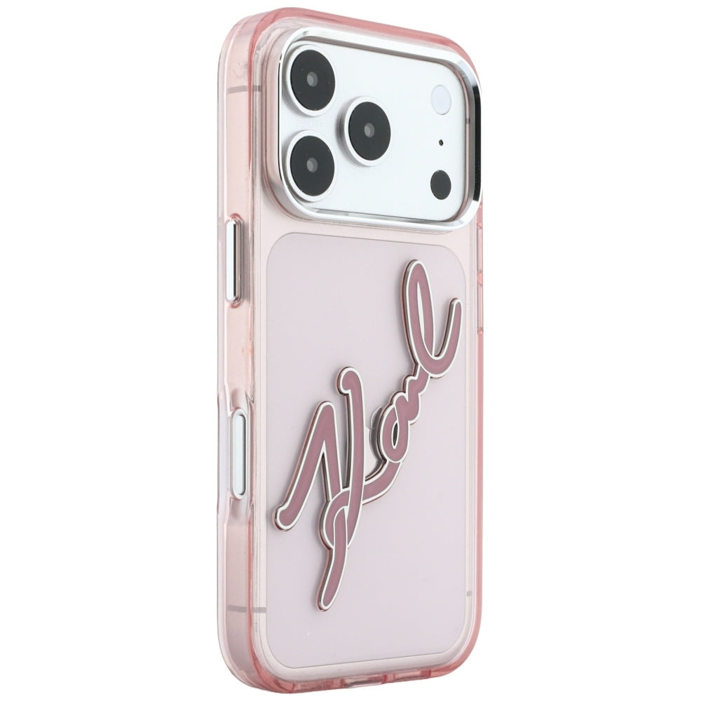 Husa pentru Apple iPhone 18 Pro Max / 17 Pro Max, Karl Lagerfeld, IML Big Signature Resin Logo Metal Frame, Roz