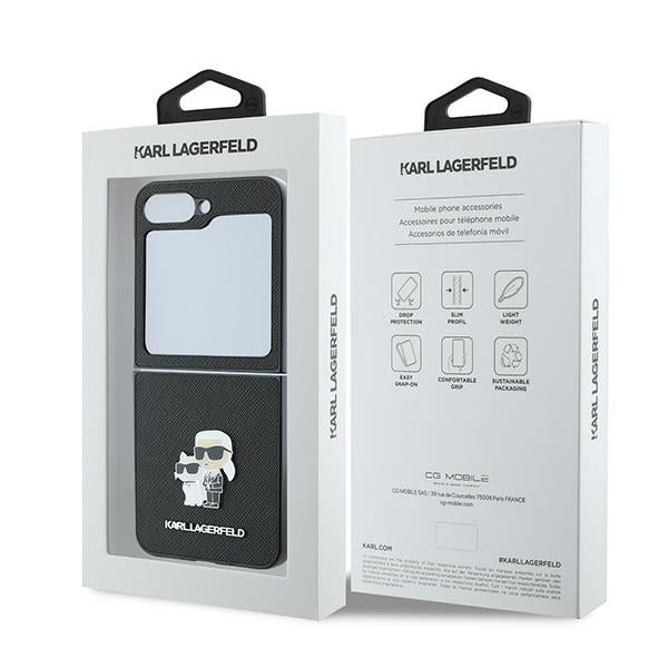 Husa pentru Samsung Galaxy Z Flip7 FE F761 / Z Flip6 F741, Karl Lagerfeld, Saffiano Karl & Choupette Metal, Neagra