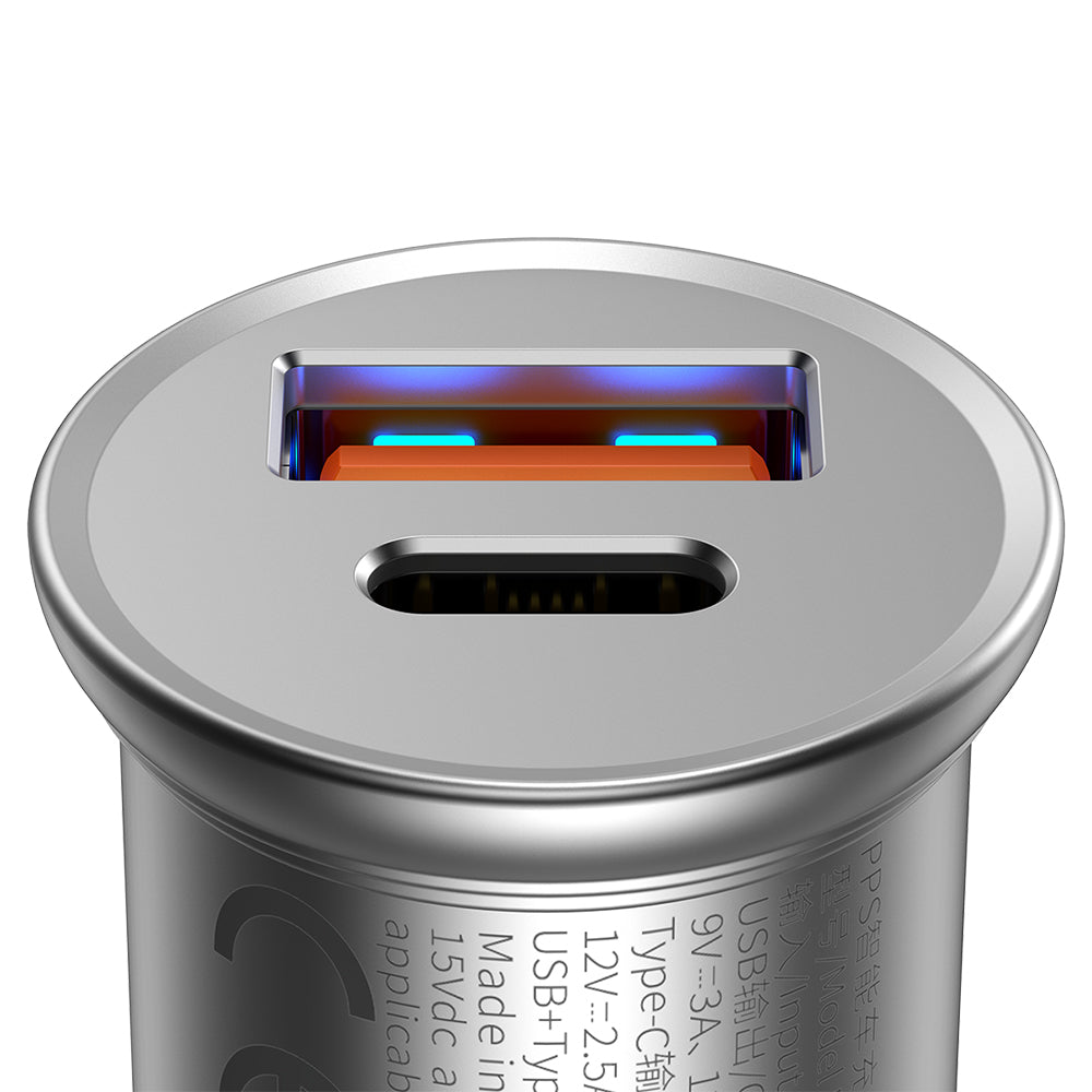 Incarcator Auto Baseus Circular Metal, 30W, 5A, 1 x USB-A - 1 x USB-C, Gri