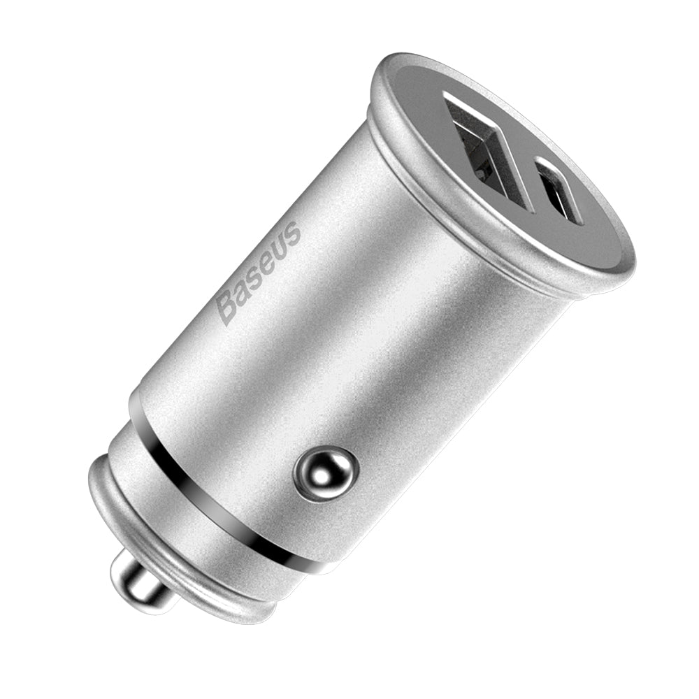 Incarcator Auto Baseus Circular Metal, 30W, 5A, 1 x USB-A - 1 x USB-C, Gri