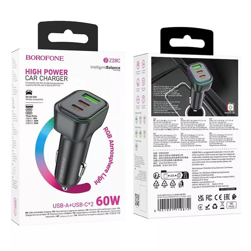 Incarcator Auto Borofone BZ28C Trophie, 60W, 3A, 1 x USB-A, 2 x USB-C, Negru