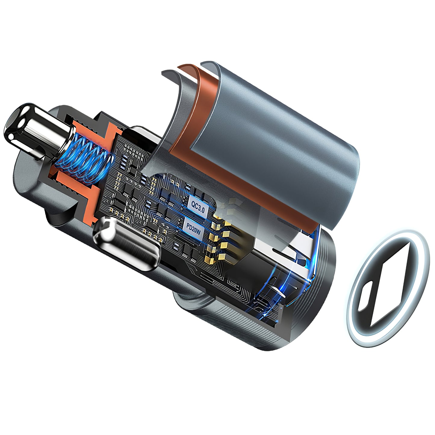 Incarcator Auto BWOO BO-CC73, 38W, 3A, 1 x USB-A - 1 x USB-C, Argintiu