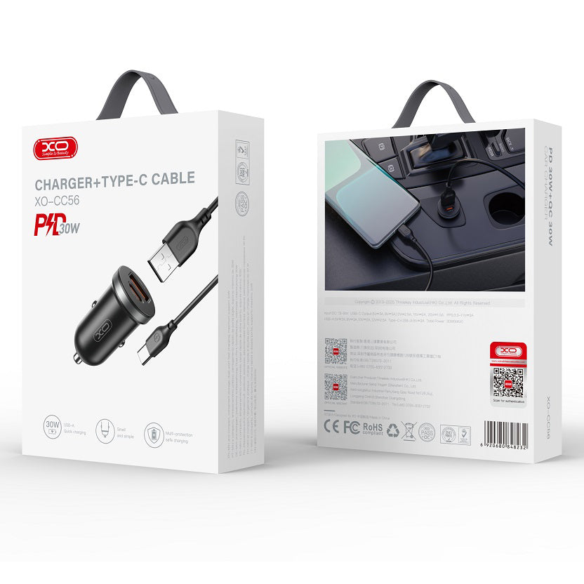 Incarcator Auto Cu Cablu USB-C XO Design CC56, 30W, 3A, 1 x USB-A - 1 x USB-C, Negru