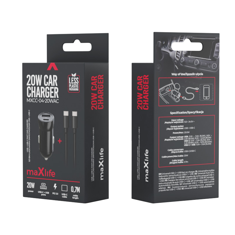 Incarcator Auto Cu Cablu USB-C MaXlife MXCC-04, 20W, 3A, 1 x USB-A - 1 x USB-C, Negru