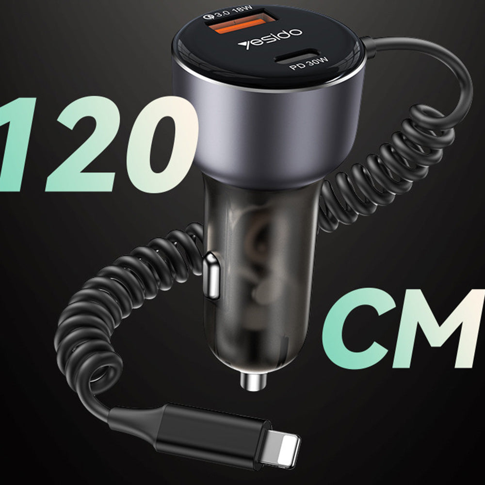 Incarcator Auto Cu Cablu Lightning Yesido Y57, 50W, 3A, 1 x USB-A - 1 x USB-C, Negru