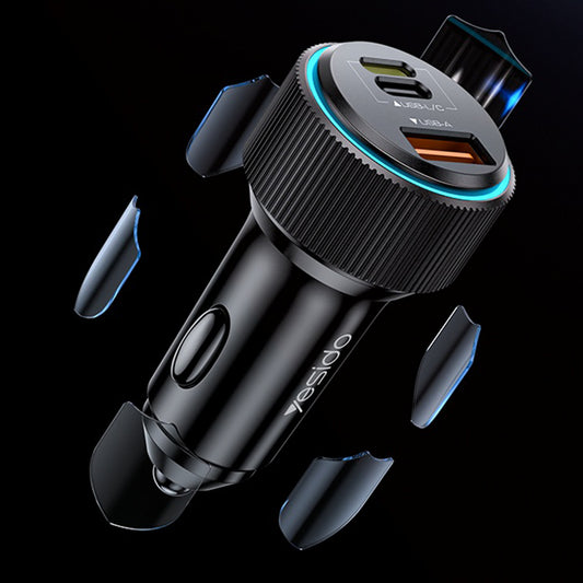 Incarcator Auto Cu Cablu Lightning Yesido Y60, 38W, 3A, 1 x USB-A - 2 x USB-C, Negru