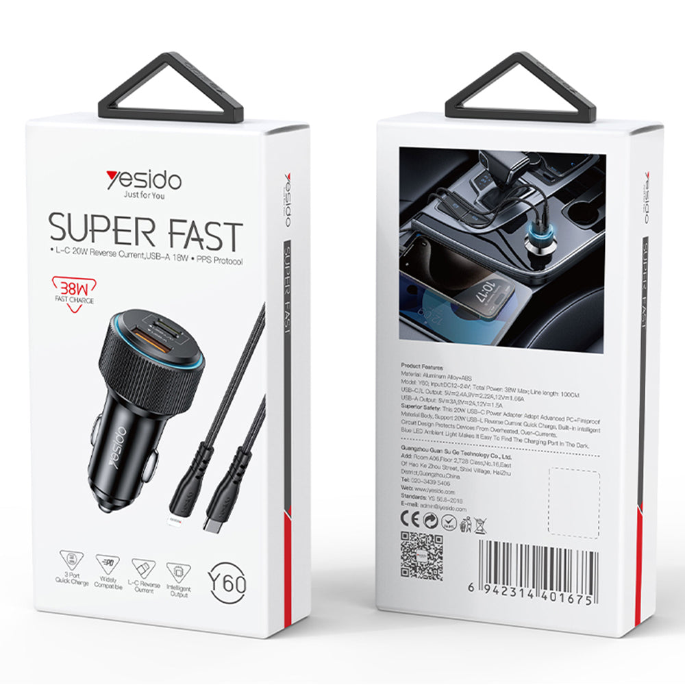 Incarcator Auto Cu Cablu Lightning Yesido Y60, 38W, 3A, 1 x USB-A - 2 x USB-C, Negru