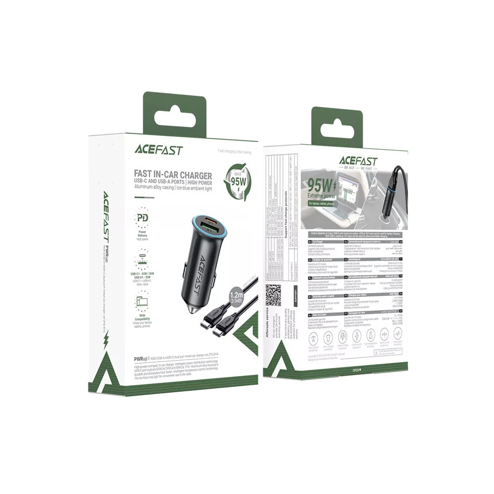 Incarcator Auto Cu Cablu USB-C Acefast B16, 95W, 3.25A, 1 x USB-A - 1 x USB-C, Gri