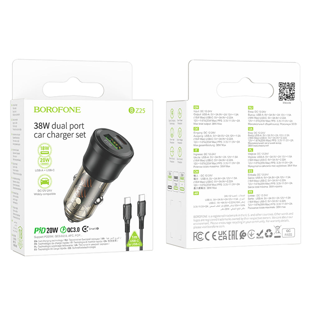 Incarcator Auto Cu Cablu USB-C Borofone BZ25 Journey, 38W, 3A, 1 x USB-A - 1 x USB-C, Negru